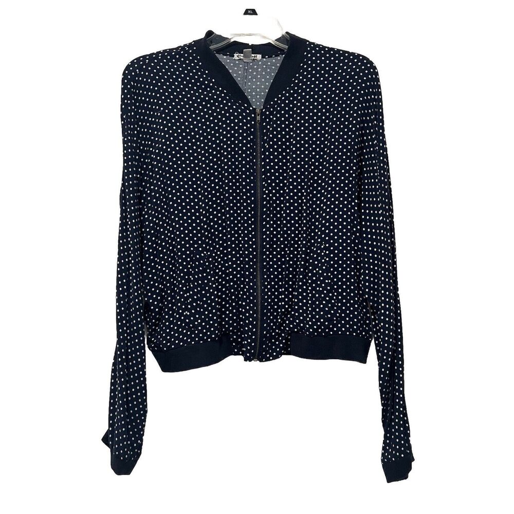 Urban Outfitters‎ Cropped Bomber Jacket Lightweight COPE Navy Blue L Polka Dot